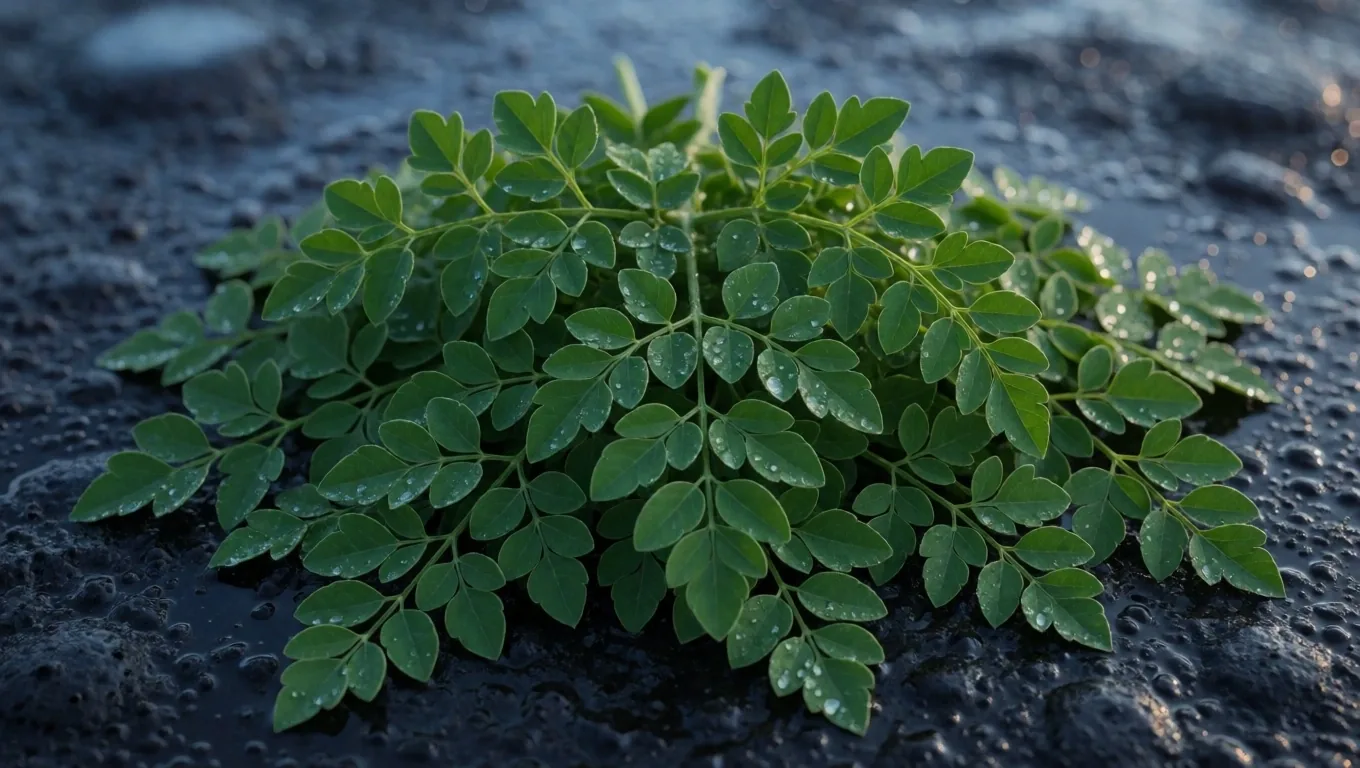 Fresh moringa leaves on a dark surface under dawn light