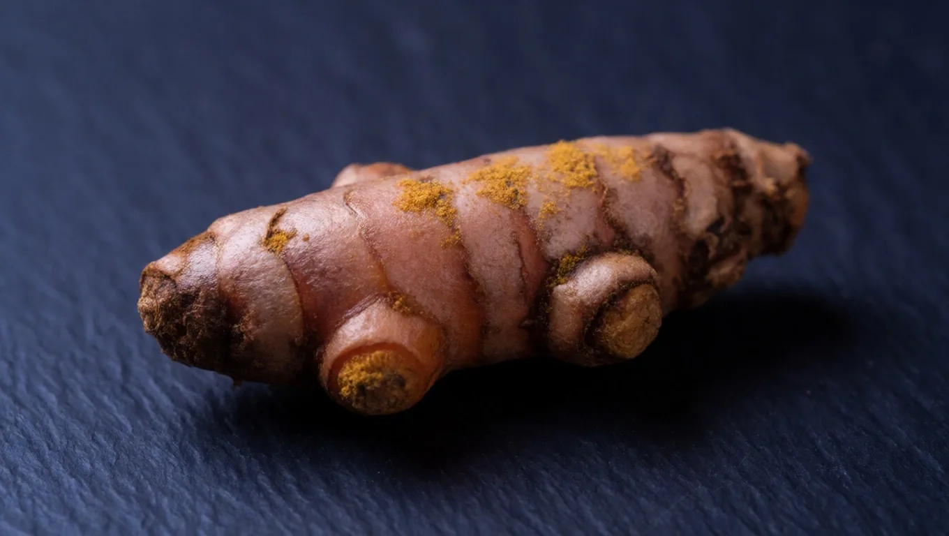 Fresh turmeric root on a dark matte surface under dawn light