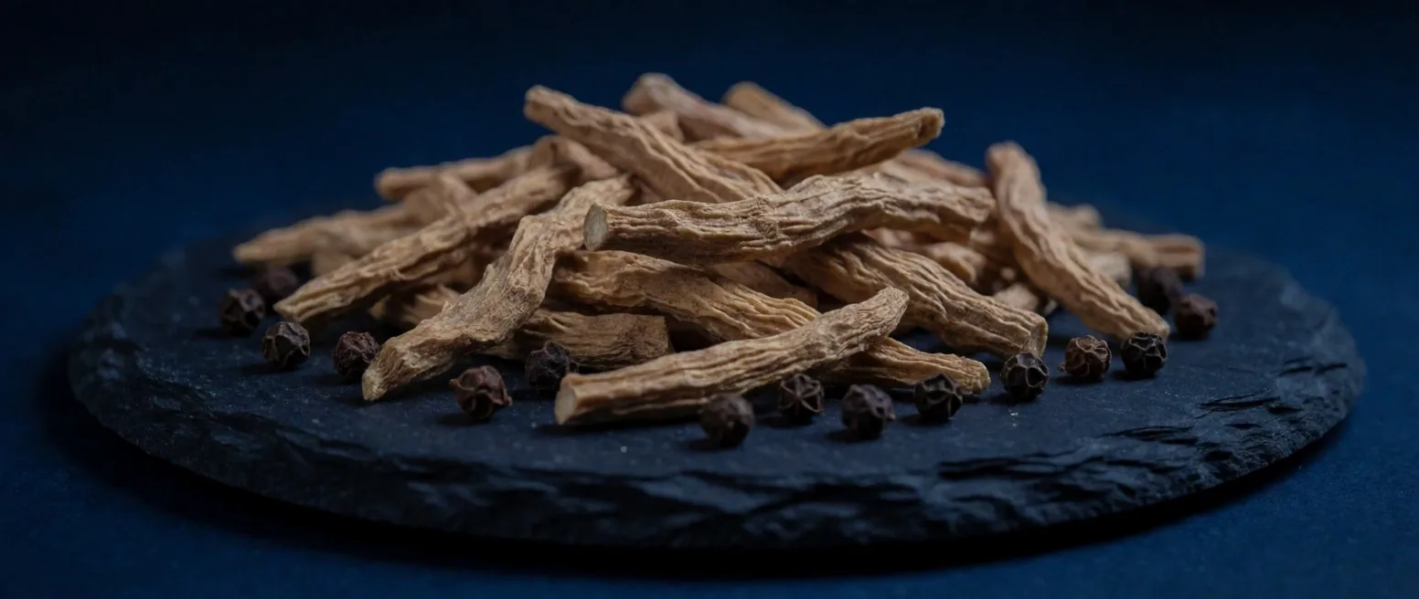 Dried ginseng root and dark seeds under dawn light on a charcoal surface