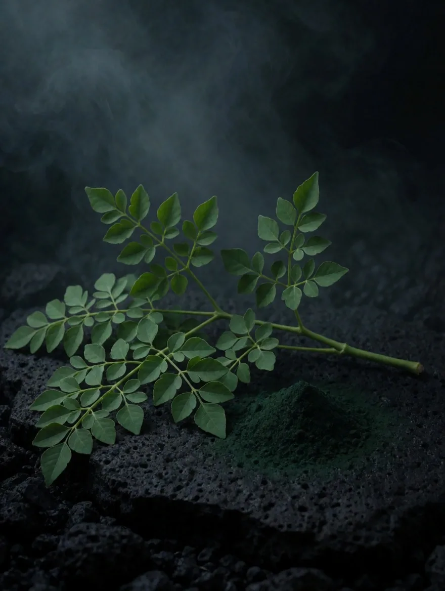 Moringa leaves and spirulina powder on a matte charcoal surface under dawn light
