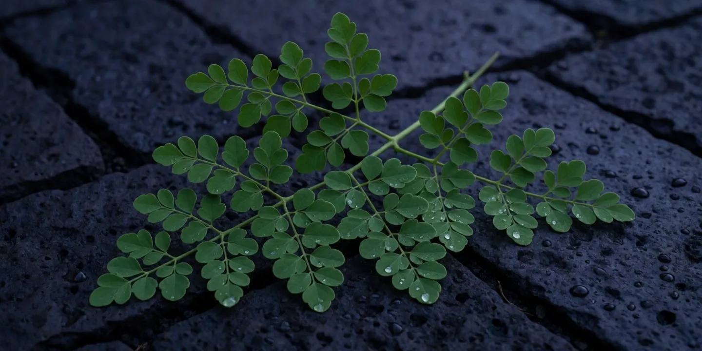 Fresh moringa leaves on a dark matte surface under soft pre-dawn light