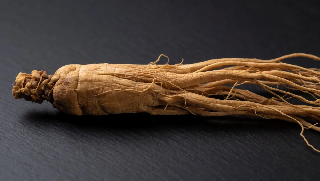 Ginseng roots on a dark surface under dawn light