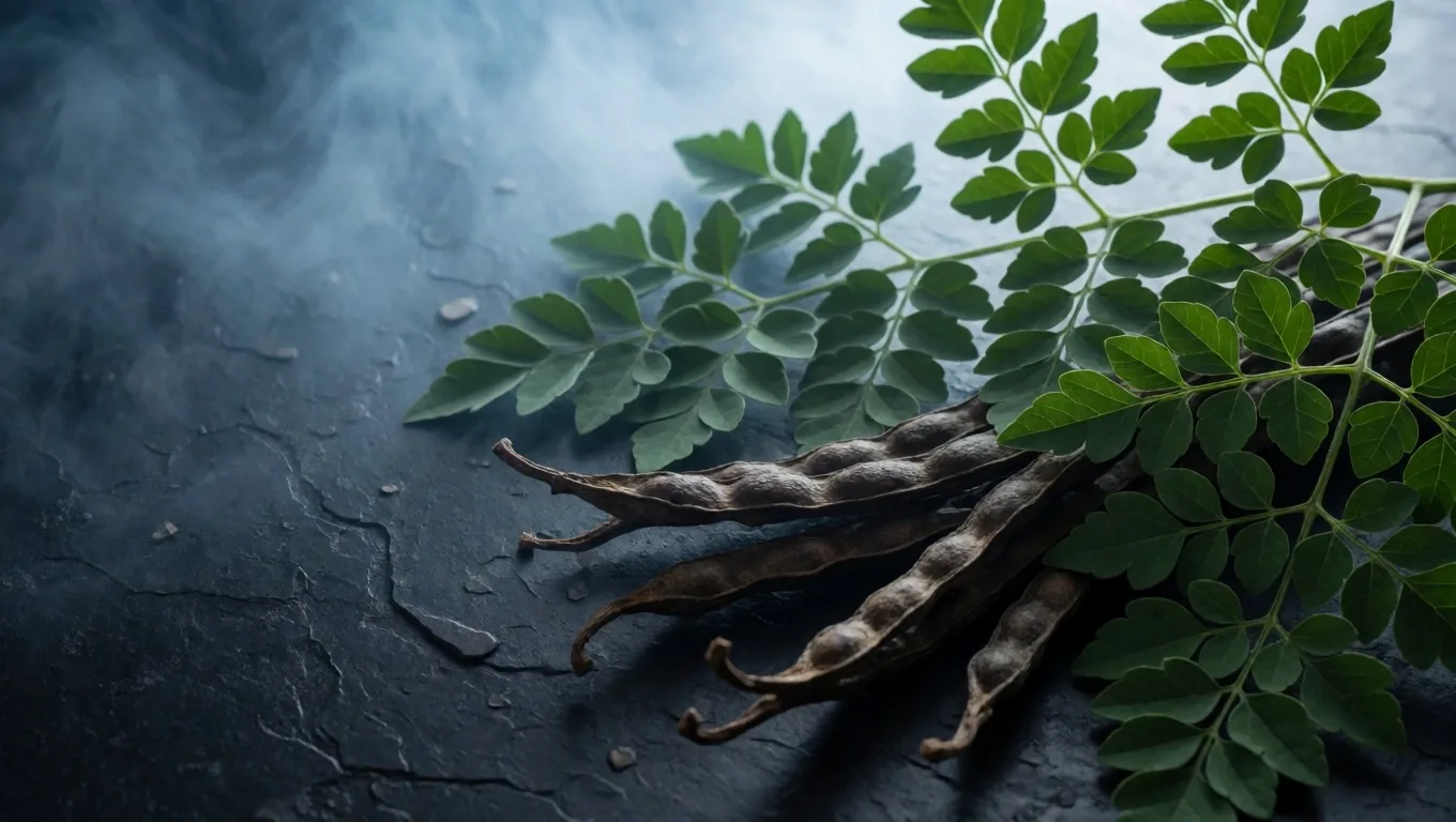 Moringa leaves on a dark surface under dawn light