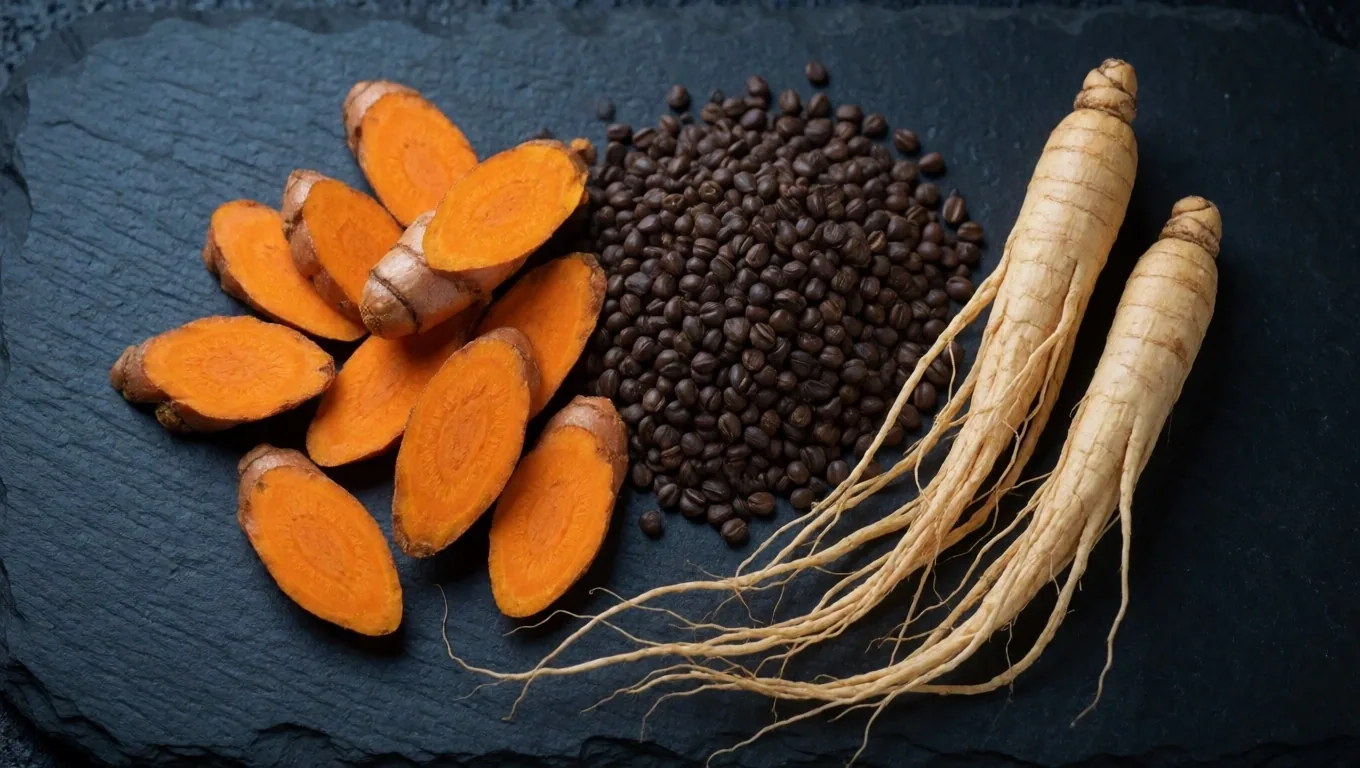 Raw natural supplement ingredients under dawn light on a charcoal surface