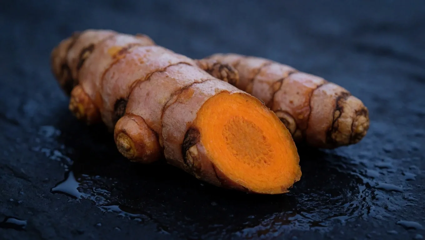 Turmeric root on a dark surface under cool dawn light