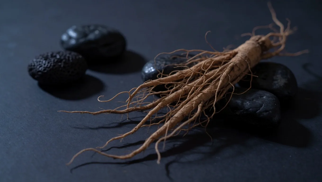 Raw turmeric and ginger roots on a dark matte surface under soft dawn light