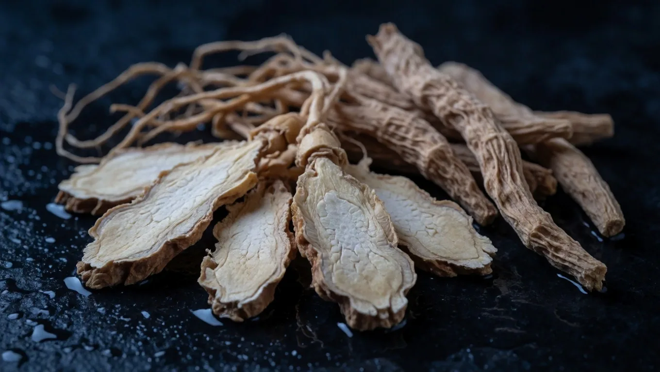 Dried ashwagandha and ginseng roots on a dark surface under cool light